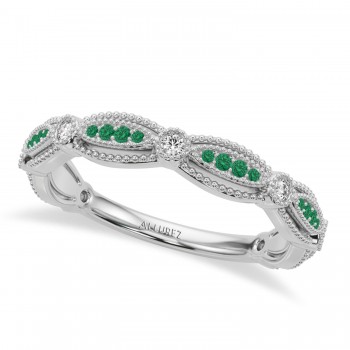Antique Style Emerald & Diamond Wedding Ring Band in Palladium(0.20ct)